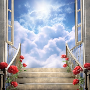 Vue céleste, AI Art, Christian, Funérailles, Blanc, Bleu, Rouge, Roses, Ciel, Fleurs, Téléchargeable numérique, Téléchargement PNG instantané