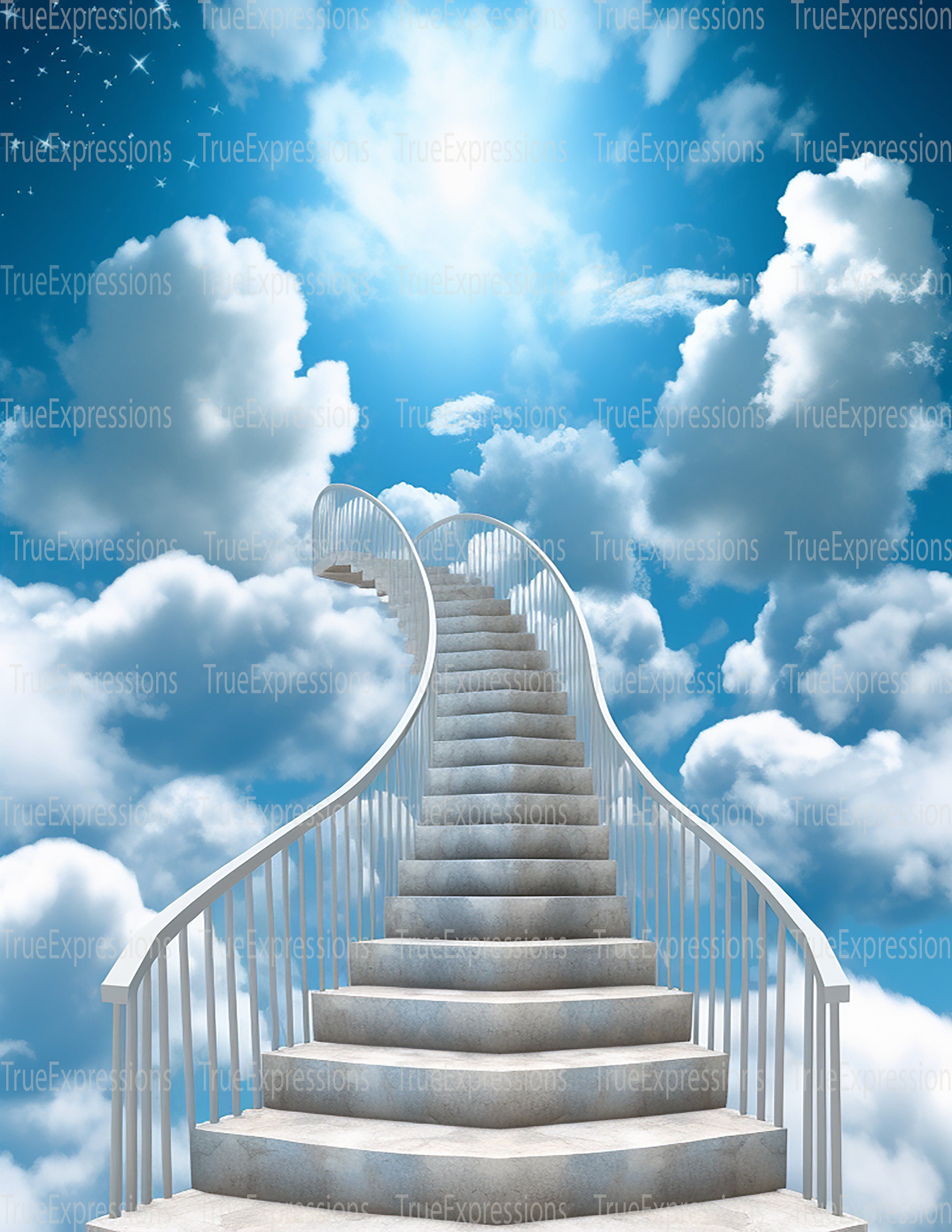 Memorial Stairs to Heaven Rest in Peace Cloudy Blue Sky Party Decor Nature  Landscape Photography Poster