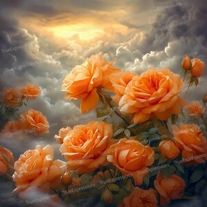 Roses oranges, art IA, chrétien, funérailles, orange, roses, fleurs, paradis, monument commémoratif, numérique téléchargeable, téléchargement PNG instantané