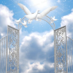 Pombas Memorial Gate, AI Art, Cristão, Funeral, Portões, Prata, Azul, Céu, Memorial, Download Digital, Download Instantâneo PNG