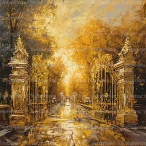 Paved With Gold II, AI Art, Christian, Faith, Gates, Gold, Memorial, Sympathy, Heaven in Church Digital Downloadable, Instant PNG Download