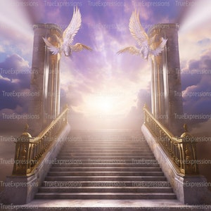 Celebrating Life V, AI Art, Christian, Funeral, Tore, Gold, Lila, Himmel, Memorial, Tauben, digital herunterladbar, sofortiger PNG-Download