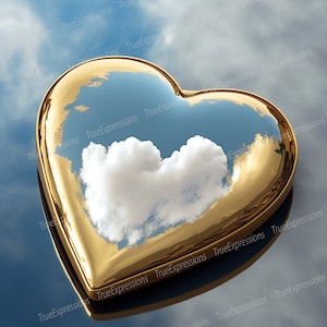 May include: A gold heart-shaped ornament reflecting a blue sky with white clouds. The ornament is sitting on a reflective surface.