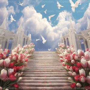 Tulipes commémoratives, AI Art, Christian, Funérailles, Blanc, Rouge, Bleu, Ciel, Fleurs, Téléchargeable numérique, Téléchargement PNG instantané