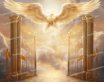 Golden Entrance V, Christian, Funeral, Gold Gates, Angel Wings, Memorial, Digital Downloadable, AI Art, Instant PNG Download