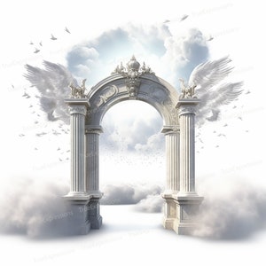 Entrar en XX, Arte AI, Cristiano, Funeral, Blanco, Azul, Arcos, Palomas, Alas, Columnas, Cielo, Descargable Digital, Descarga PNG Instantánea