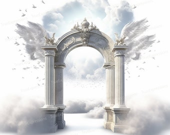 Enter In XX, AI Art, Christian, Funeral, White, Blue, Arches, Doves, Wings, Columns, Heaven, Digital Downloadable, Instant PNG Download