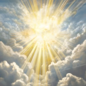 Rayos celestiales, Arte AI, Cristiano, Nubes, Amarillo, Azul, Memorial Blanco, Funeral, Fondo Digital Descargable, Descarga PNG Instantánea