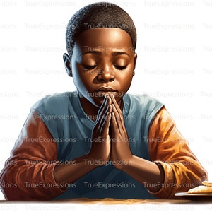 Segnen Sie dieses Essen II, AI Art, Christian, Glaube, Junge betet am Tisch, Kind Essen digital herunterladbar, Sofortiger PNG Download