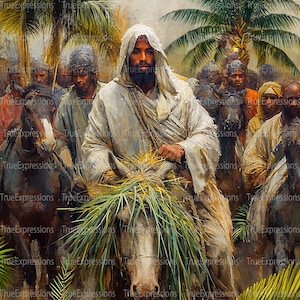 De triomfantelijke intocht, Palmzondag, Christen, Jezus rijdt op een ezel, Palmbladeren, Pasen, AI Digitaal downloadbaar, Instant PNG Download