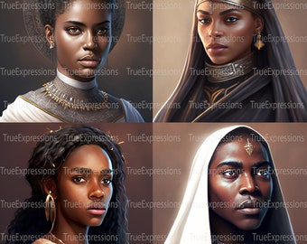 May include: Four digital paintings of people with dark skin tones. Each person is wearing elaborate gold jewelry and headwear. The people are looking directly at the viewer.