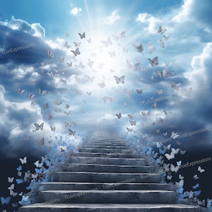 Farfalle tra le nuvole, Arte AI, Cristiano, Fede, Funerale, Porte, Blu, Paradiso, Memoriale, Scaricabile digitale, Download PNG istantaneo