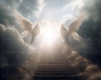 Angelic Wings III, Christian, Heaven Wings, White, Brown Stairs, Memorial, Backdrop AI Art Digital Downloadable, Instant PNG Download