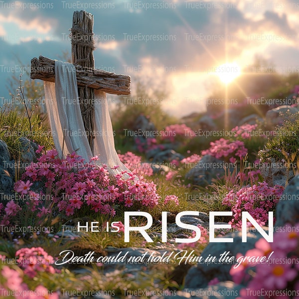 Risen V, Easter, Cross with White Scarf, Pink Flowers, Resurrection Sunday, Christian, Jesus, AI Digital Downloadable, Instant PNG Download