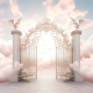 Heavenly View II, Arte AI, Cristiano, Funerale, Nuvole, Rosa, Blu, Paradiso, Cancelli in oro rosa, Colombe, Scaricabile digitale, Download PNG istantaneo