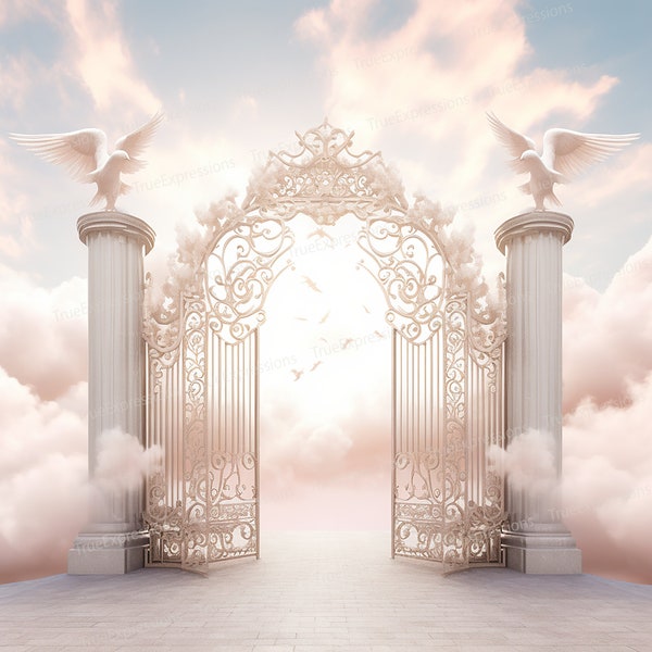 Heavenly View II, AI Art, Christian, Funeral, Clouds, Pink, Blue, Heaven, Rose Gold Gates, Doves, Digital Downloadable, Instant PNG Download