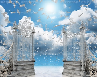 Heavenly Background VIII, AI Art, Christian, Funeral, Gates, Silver, Heaven, Memorial, Doves, Digital Downloadable, Instant PNG Download