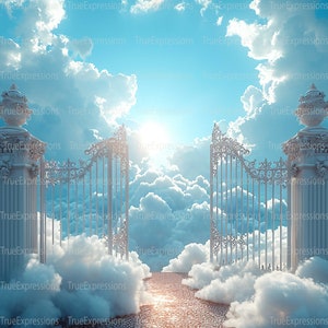 Tore des Himmels XX, weiße Wolken, blauer Himmel, Roségoldtore und Pflaster, Beerdigung, AI Art, digital herunterladbar, sofortiger PNG-Download