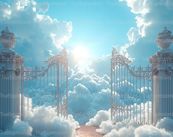 Gates of Heaven XX, White Clouds, Blue Sky, Rose Gold Gates and Pavement, Funeral, AI Art, Digital Downloadable, Instant PNG Download