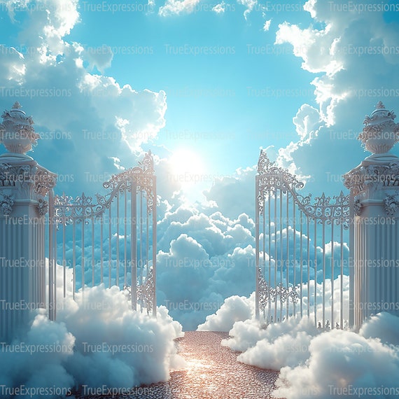 Puertas del Cielo XX Nubes Blancas Cielo Azul Puertas y Pavimento de Oro Rosa Funeral Arte AI Descargable Digital Descarga PNG Instantanea