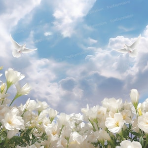 Fond de Lys, AI Art, Chrétien, Funérailles, Colombes, Blanc, Lys, Ciel, Fleurs, Téléchargeable numérique, Téléchargement PNG instantané