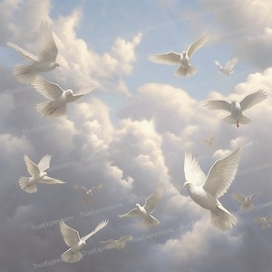Colombes dans les nuages III, AI Art, chrétien, funérailles, blanc, bleu, colombes, fond céleste numérique téléchargeable, téléchargement PNG instantané