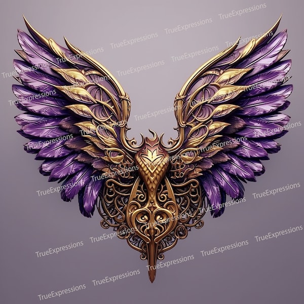 Purple and Bronze Wings, AI Art, Christian, Faith, Funeral, Bronze, Purple, Heaven, Memorial, Digital Downloadable, Instant PNG Download