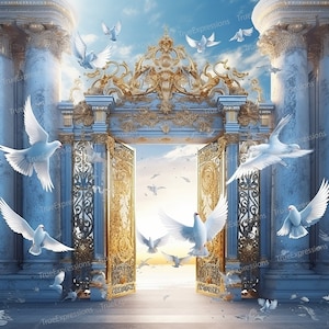 Puede incluir: Un par de puertas doradas ornamentadas con intrincados tallados se abren para revelar un cielo brillante y nublado. Palomas blancas vuelan por el aire, algunas pasando por las puertas, otras volando por encima.