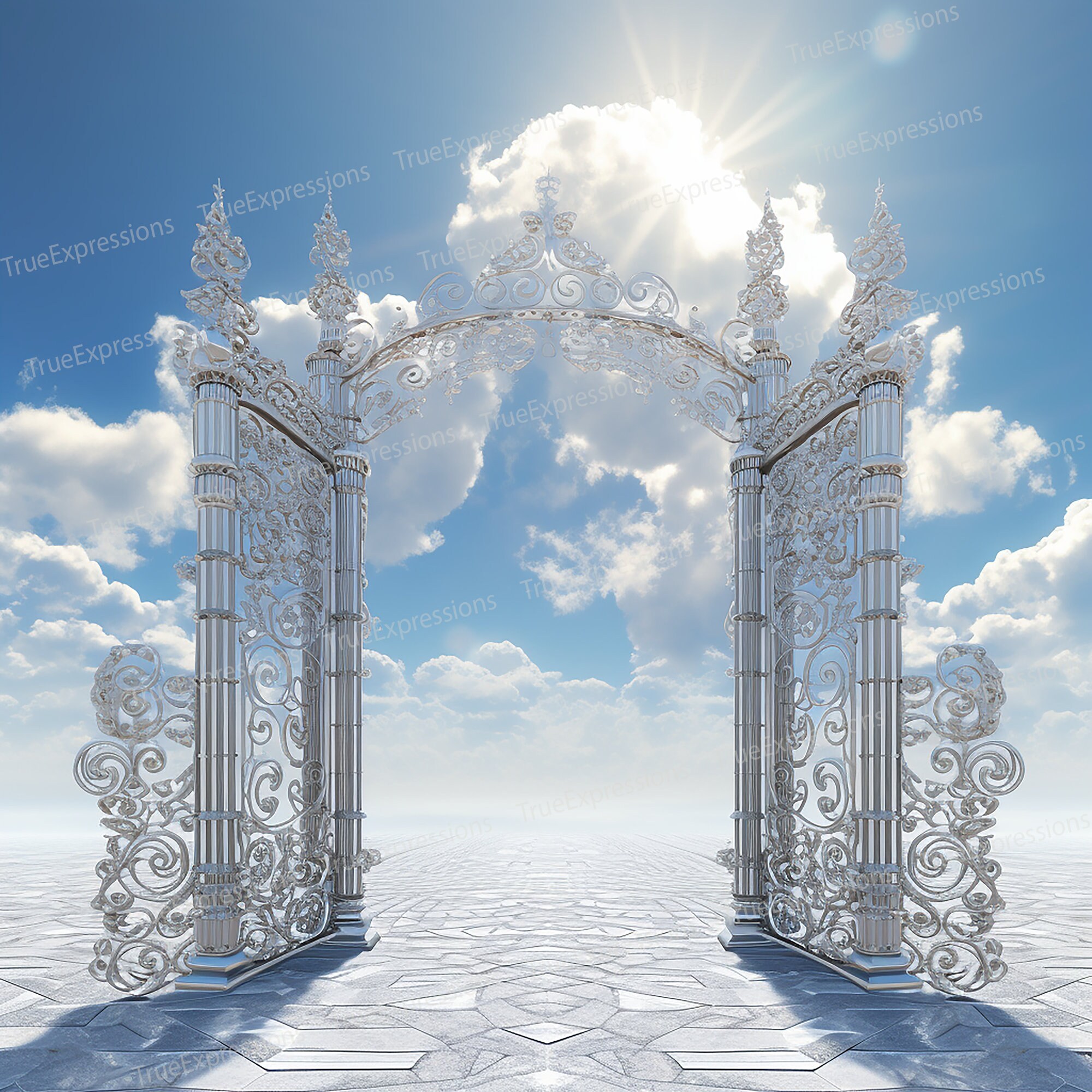 Royal Silver Memorial Art: Heaven's Gate with Doves (PNG Download)