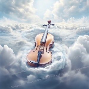 Forever Praise VI, Art IA, chrétien, funérailles, violon, brun, bleu, nuages blancs, monument commémoratif, téléchargeable numérique, téléchargement PNG instantané