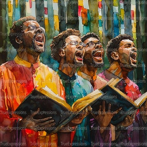 Mannen prijzend, AI-kunst, christelijk, zwart koor, geloof, zingen in de kerk Digitaal downloadbaar, Instant PNG-download