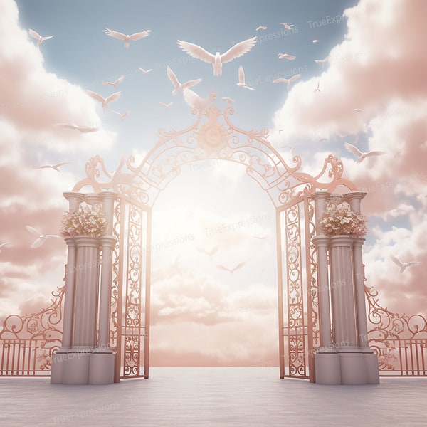 Rose Gold Flight, AI Art, Christian, Funeral, Clouds, Pink, White, Heaven, Rose Gold Gates, Digital Downloadable, Instant PNG Download