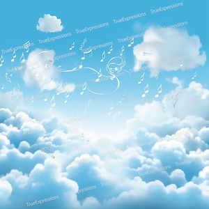 Forever Praise XIII, AI Art, fond de notes de musique, blanc, bleu, gris, nuages, commémoratif, numérique téléchargeable, téléchargement PNG instantané