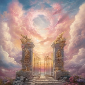 Rosa Himmlische Wolken III, AI Art, Christlich, Beerdigung, Wolken, Rosa, Blau, Himmel, Goldtore, digital herunterladbar, sofortiger PNG-Download