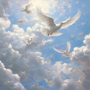 Doves in the Clouds, AI Art, Christian, Funeral, White, Blue, Doves, Heavenly Background Digital Downloadable, Instant PNG Download