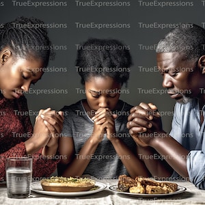 Familie Gnade, AI Art, Christian, Glaube, schwarze Familie, die am Tisch betet, Kind Essen digital herunterladbar, sofortiger PNG Download