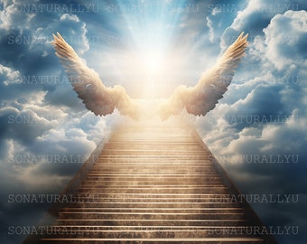 Angelic Wings II, Christian, Heaven Wings, White, Brown Stairs, Memorial, Backdrop AI Art Digital Downloadable, Instant PNG Download