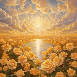 Rose jaune, chrétienne, funérailles, jaune, or, roses, nuages, ciel, fleurs, numérique téléchargeable, AI Art, téléchargement PNG