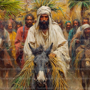 The Triumphal Entry II, Palmzondag, christen, Jezus rijdt op een ezel, palmbladeren, Pasen, AI digitaal downloadbaar, directe png-download