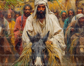The Triumphal Entry II, Palm Sunday, Christian, Jesus Riding a Donkey, Palm Leaves, Easter, AI Digital Downloadable, Instant PNG Download
