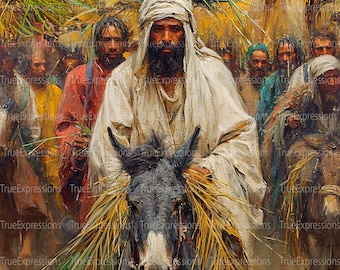 Palm Sunday Art: Jesus Riding Donkey, Christian Easter PNG (Digital Download)