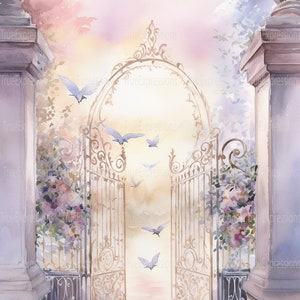 Feiern ein Leben, AI Art, christlich, Glaube, Beerdigung, Tore, Gold, Himmel, Denkmal, Sympathie, digital herunterladbar, sofortiger PNG-Download