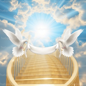 Stairway to Heaven VI , AI Art, Christian, Funeral, Blue, Heaven, Memorial, DovesBackground Digital Downloadable, Instant PNG Download