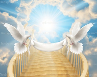 Stairway to Heaven VI , AI Art, Christian, Funeral, Blue, Heaven, Memorial, DovesBackground Digital Downloadable, Instant PNG Download