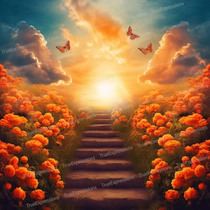 The Journey Home IV, AI Art, Christian, Funérailles, Orange, Papillons, Fleurs, Ciel, Mémorial, Téléchargeable numérique, Téléchargement PNG instantané