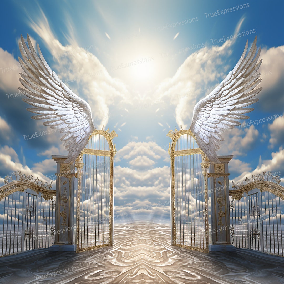 Angel Wings Entrance, AI Art, Christian, Funeral, Gates, Gold, Blue
