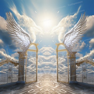 Angel Wings Entrance, AI Art, Christian, Funeral, Gates, Gold, Blue, Heaven, Memorial, Digital Downloadable, Instant PNG Download