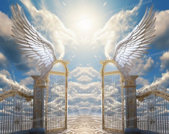 Angel Wings Entrance, AI Art, Christian, Funeral, Gates, Gold, Blue, Heaven, Memorial, Digital Downloadable, Instant PNG Download