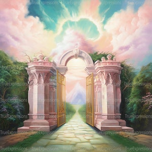 Celebrating Life II, AI Art, christlich, Glaube, Beerdigung, Tore, Gold, Himmel, Denkmal, Sympathie, digital herunterladbar, sofortiger PNG-Download