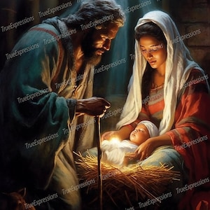 Licht van de wereld, AI-kunst, christen, geloof, Kerstmis, Jezus, Jozef, Maria, Christus, sterren, digitaal downloadbaar, Instant PNG-download